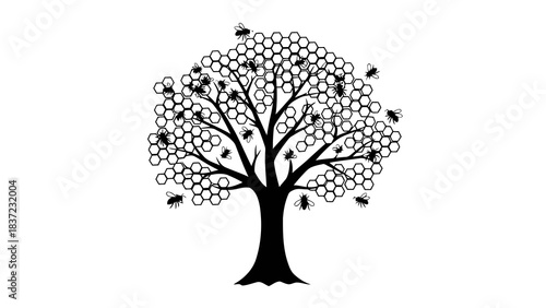 Illustrative tree with hexagonal honeycomb pattern and bees in silhouette, symbolizing nature and industry.