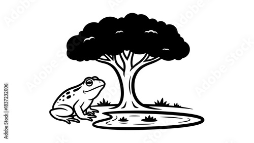 Cartoon frog sits beside a stylized tree and pond on white background, vector illustration