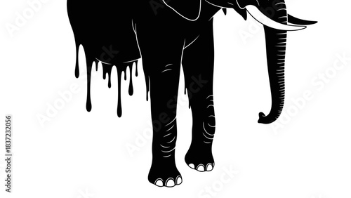 Black elephant silhouette with dripping effect, isolated on white, conceptual art illustration