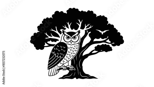 Detailed silhouette illustration of an owl perched on a tree branch with birds flying nearby