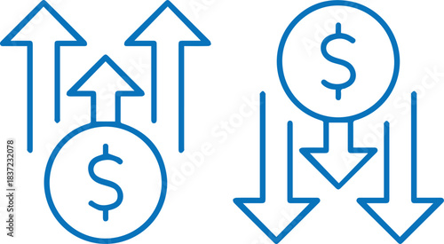 simple arrow icons,blue arrow pointing up,blue arrow pointing down,dollar sign icon,minimal flat design,monochrome vector illustration
