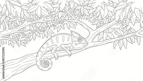 Outline illustration of a chameleon sitting on a tree branch with leaves, vector art.
