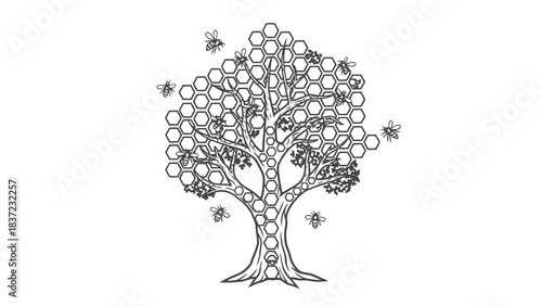 Stylized bee tree with honeycomb and flying bees, line art illustration, vector graphic