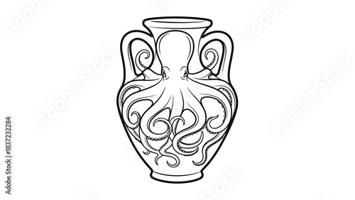 Stylized octopus emerges from an ancient greek amphora vase illustration