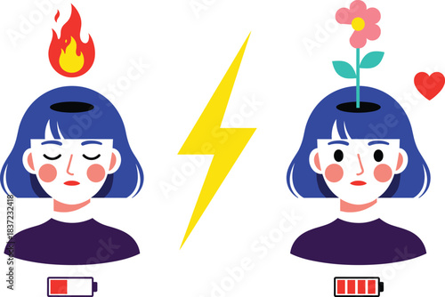 Vector Illustration Contrasting Mental Health States: Anger and Stress (Fire, Low Battery) vs. Wellness and Calmness (Flower, High Battery), Representing Emotional Burnout and Recovery.