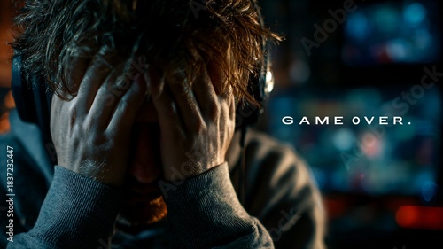 Stressed Gamer with Game Over Text Overlay
