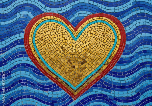 Golden mosaic heart with red outline on blue wavy ceramic tile wall art texture pattern