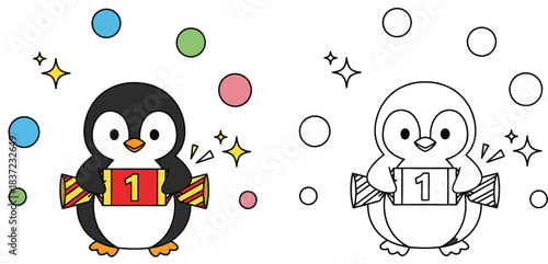 Cute cartoon penguin holding a party cracker with number one, vector illustration including colored and black and white outline versions for coloring book or page.
