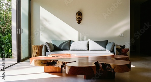 Modern living room interior with massive wooden slab table and african mask on sunny white wall