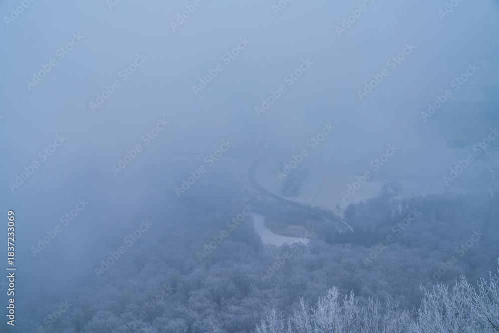 Fototapeta premium Germany, Foggy aerial panorama view above fields curved street tree tops and white snow covered nature landscape above the forest winter wonderland