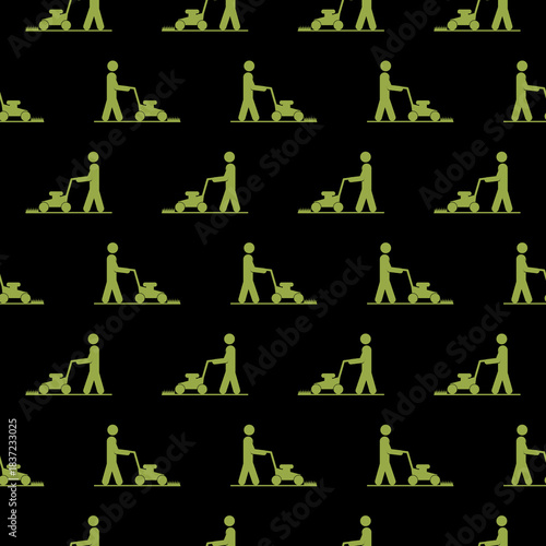 Man hold lawn mower pattern seamless isolated on black background