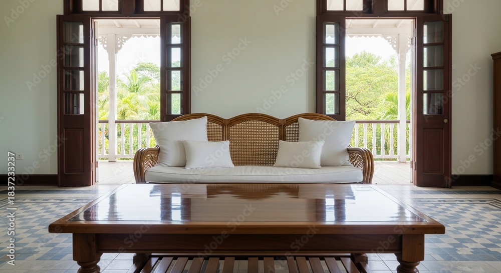 Fototapeta premium Colonial living room interior with rattan sofa and wooden table near open balcony doors