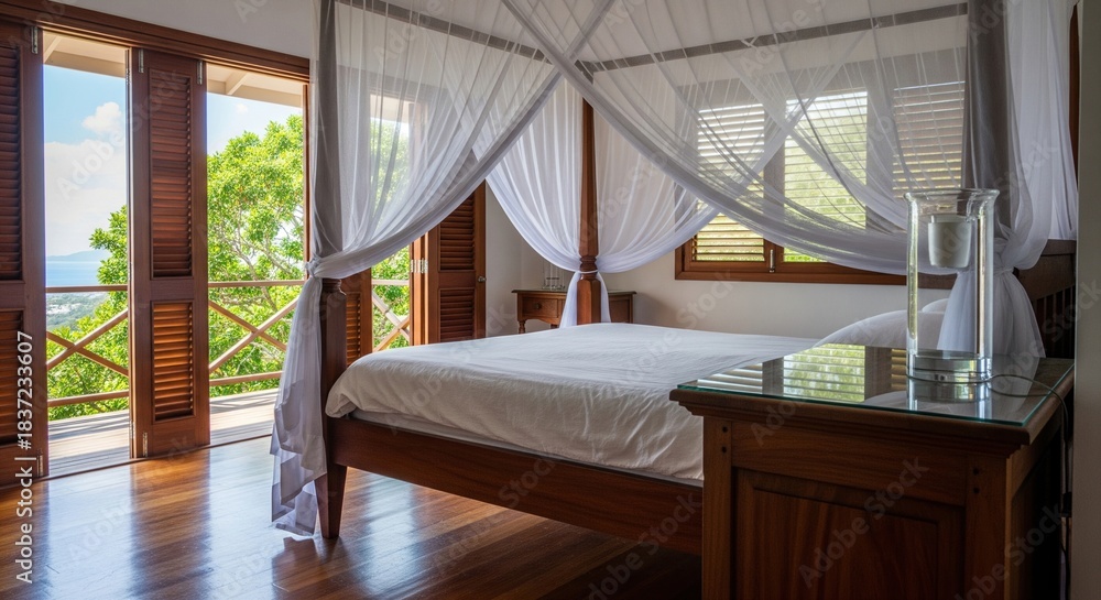 Fototapeta premium Tropical bedroom interior with four poster bed and mosquito net opening to balcony with nature view