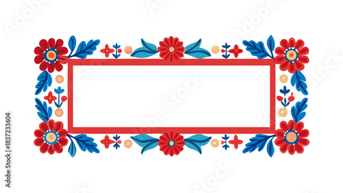 Rectangular folk floral frame in red and blue colors