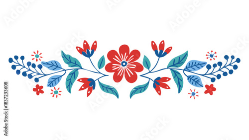 Symmetrical floral ornament with red flower and blue leaves