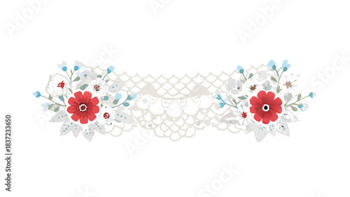 Lace border with red flowers and white mesh design