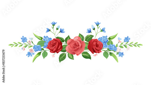 Symmetrical floral ornament with red roses and blue flowers