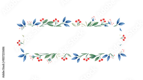 Botanical rectangular frame with blue leaves and red berries