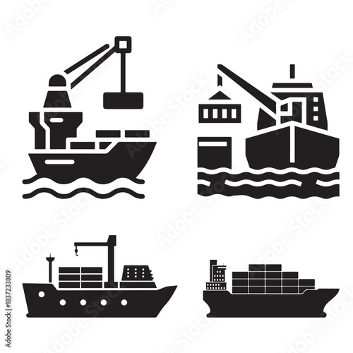 Cargo Ship and Port Icon Set – Maritime Logistics and Shipping Symbols

