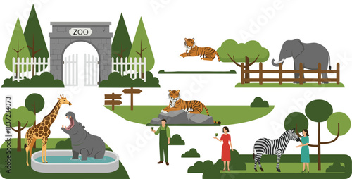 Vector Collection of Zoo Scenes and Animals, Including the Entrance Gate, Elephant, Tiger, Giraffe, Hippopotamus, and Zebra, Ideal for Wildlife, Conservation, and Travel Concepts.