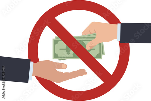 No bribery symbol with hands exchanging money on white background corruption stop