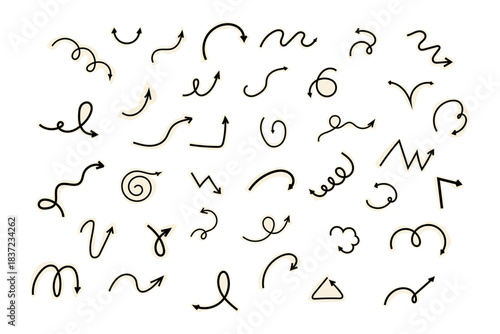 Spiral arrow doodle, collage cutout wavy twist minimal squiggly line. Curve comic set turn way cut out direction. Playful quirky simple free hand elements. 