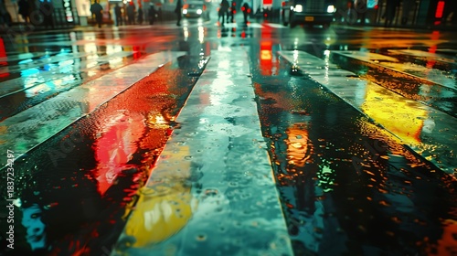 Street scene pedestrian crossing in rain reflections on wet lifestyle concept with real people high quality authentic stock photography