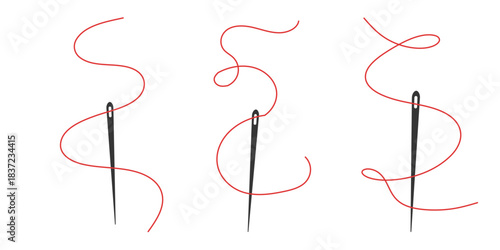 Elegant needle with thread. Needle symbol and curved thread, tailor and shoemaker needlework tool, sewing element. Small tattoo, print for clothes