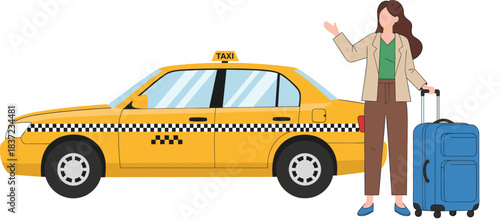 Vector Illustration of a Woman Hailing a Yellow Taxi Car with a Suitcase, Ideal for Airport Transportation, City Travel, Ride-Sharing Services, and Urban Commute Concepts.