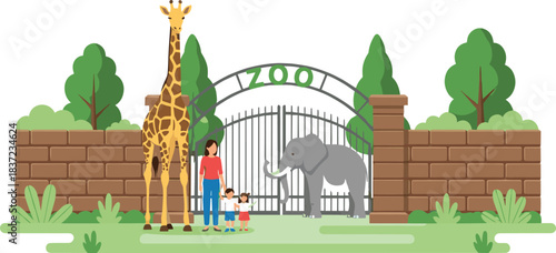 Vector Illustration of a Zoo Entrance Gate with a Brick Wall, Featuring a Giraffe, Elephant, and Family Visitors, Ideal for Wildlife Parks, Travel, and Conservation Concepts.