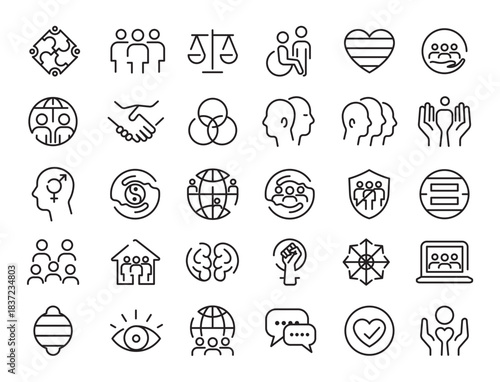 Diversity & Inclusion Icon Set with Flat Vector Icons including Multicultural People, Gender Equality, LGBTQ+, Disability, Equity, Accessibility, Inclusive Team, Cultural Diversity, Social Justice