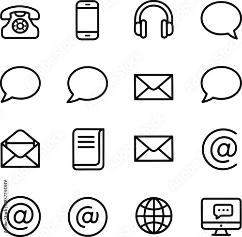 Grid of 16 black-and-white communication vector icons including phone, email, speech bubbles, and internet symbols.
