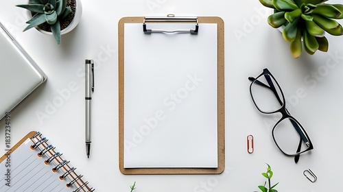 Minimal business concept blank clipboard pen eyeglasses clea professional corporate office workspace concept high quality business stock photo