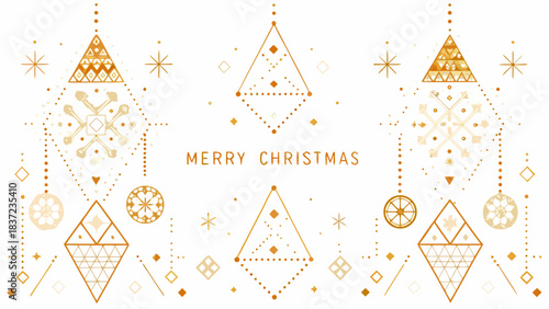 Geometric christmas decorations and merry christmas text in gold and white