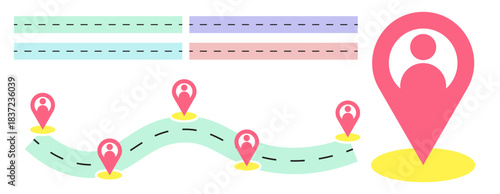Road and GPS Navigation Pathway Vector Colorful Route Map with Location Pin Icons, Journey Timeline, Goal Achievement Path, Travel Direction Illustration with Separate Map Pin Elements - Vector