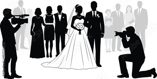 Wedding silhouette scene, bride groom moment, photographers capturing, formal attire, black-and-white illustration, celebration, guests, bouquet, ceremony, love