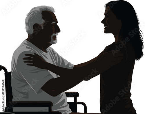 Wheelchair care, elderly man, young woman, supportive gesture, black and white, intergenerational bond, empathy, connection, inclusive moment, caregiving illustration