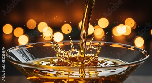 Golden liquid pouring into a glass with blurred lights in the background