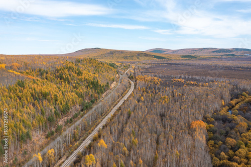 Aerial photography of the autumn forest railway in the Greater Khingan Range