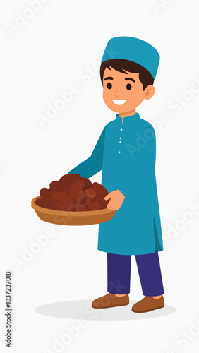 A smiling Muslim boy in a blue thobe and kufi cap holding a bowl of dates, ready for Iftar during Ramadan.