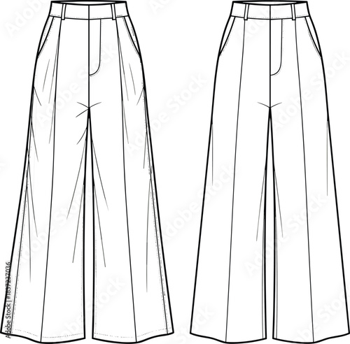 Wide-leg trousers fashion sketch, high waist pants design, pleated and clean styles, technical drawing, garment construction, apparel illustration, vector