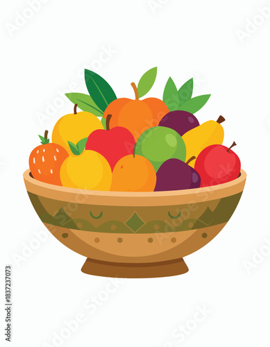 A vibrant cartoon illustration of a decorative brown bowl overflowing with a colorful assortment of fresh fruits and green leaves.