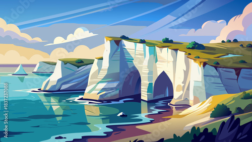 Majestic white cliffs and a remarkable natural arch overlooking a calm beach create a renowned coastal scene. A tranquil and photogenic landscape celebrated for its dramatic coastal formations