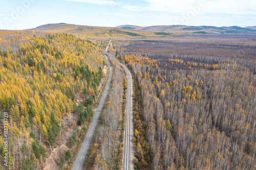 Aerial photography of the autumn forest railway in the Greater Khingan Range
