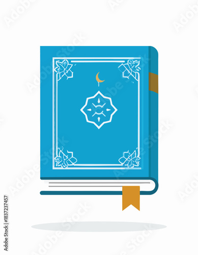 A blue book with Islamic geometric patterns, a crescent moon, and a golden bookmark, representing a holy scripture.