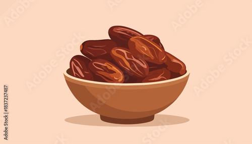 A brown bowl filled with delicious, ripe, and sweet dates on a light background.