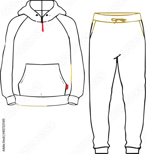 Flat vector illustration of hoodie and sweatpants, black and white fashion sketch, casual clothing design, sportswear outfit, apparel concept drawing