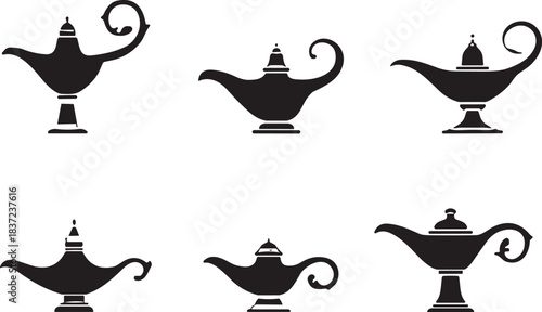 Flat vector illustration of genie lamp silhouettes, black magical oil lamp icons, Arabian folklore design, Aladdin fantasy theme, mystical object set