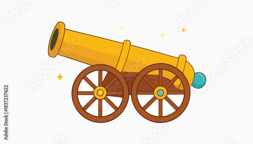 A vibrant cartoon illustration of a golden cannon with wooden wheels, sparkling.