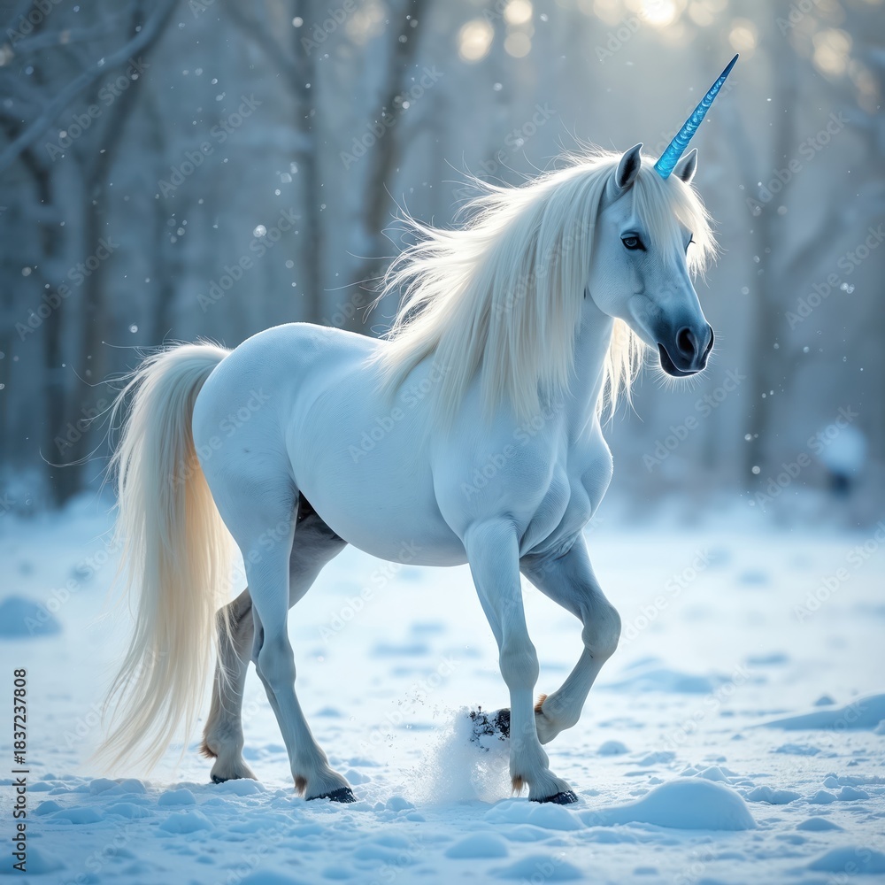 Naklejka premium Majestic unicorn stands in winter forest. White horse has blue horn and long mane. Animal moves in snow. Fantasy creature walks at fairytale landscape on background.